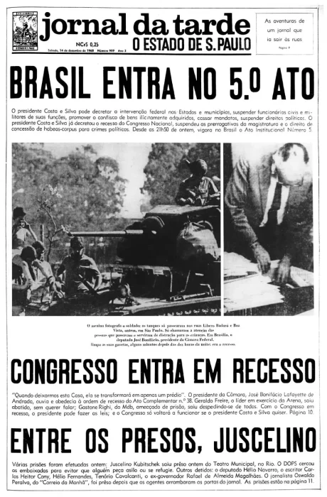 O Ato Institucional n° 05 amplia o poder dos militares, fecha o Congresso e restringe ainda mais atuação do Judiciário e do Ministério Público. 