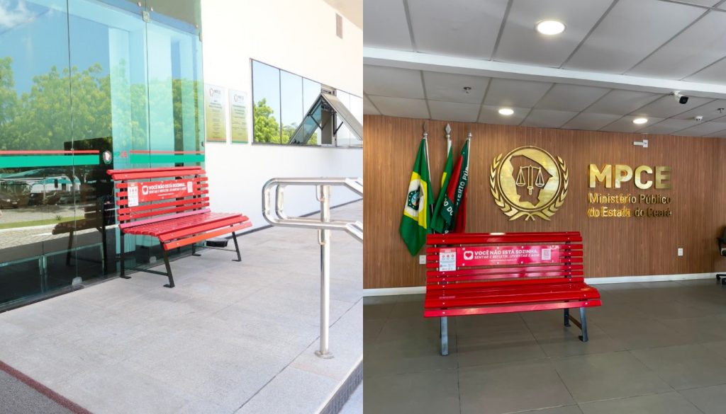 Bancos vermelhos são instalados nas sedes do MP em Fortaleza para lembrar vítimas de feminicídio